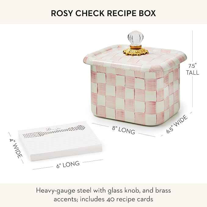 MACKENZIE-CHILDS Enamel Recipe Box, Index Card Box with Lid, Includes 40 Recipe Cards, Pink-and-White Rosy Check