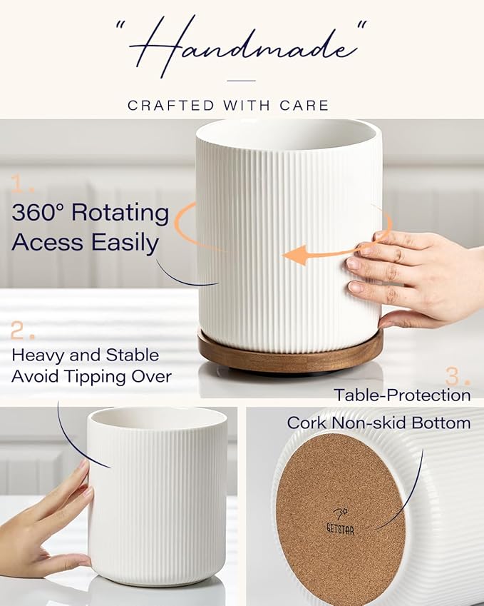 getstar Extra Large Rotating Utensil Holder for Kitchen Counter, 7.9" Ceramic Utensils Crocks Set for Countertop Large & Small Utensil Organizer for Spatula Farmhouse Kitchen Decor