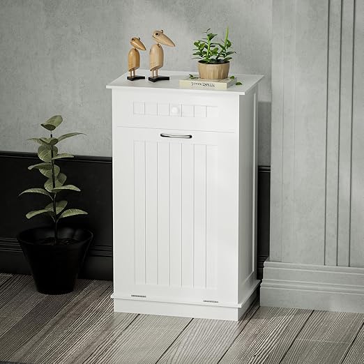 Wooden Tilt Out Trash Can Cabinet, 10 Gallon Dog Proof Garbage Can Holder, Kitchen Island with Laundry Hamper, White