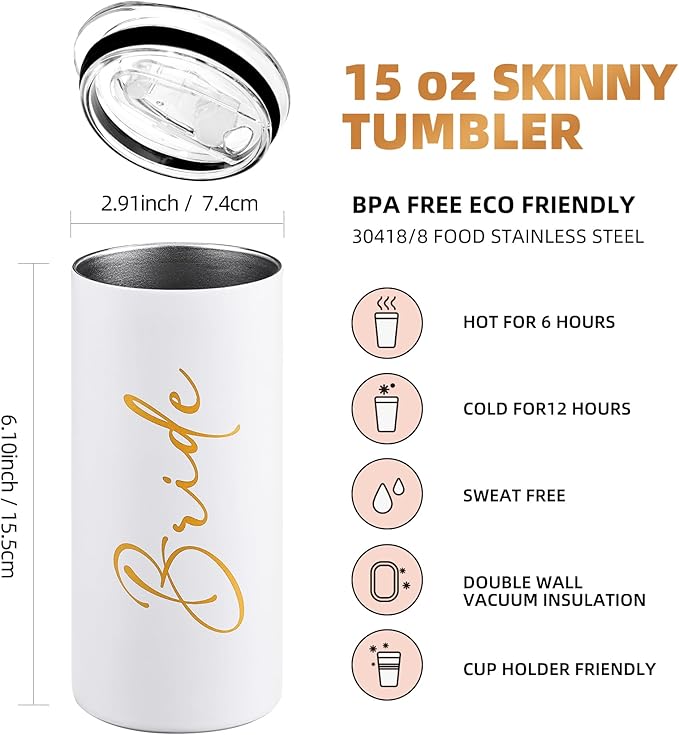 Bride Gifts Bridal Shower Gifts for Bride Cup Wedding Engagement Bachelorette Party Favors Stainless Steel Insulated Skinny Tumbler with Lid and Straw 15 OZ