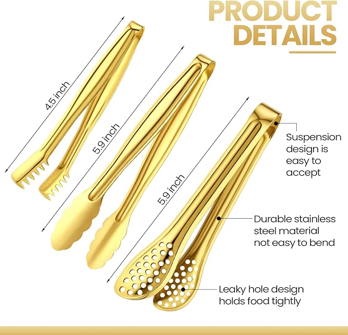 CHENGU 12 Pack Stainless Steel Kitchen Tongs 4/6/6 Inches Food Serving Clip Kitchen Cooking Tongs High Heat Resistant Clips for Cooking Non Stick Grill Salad (Gold, Diversity)