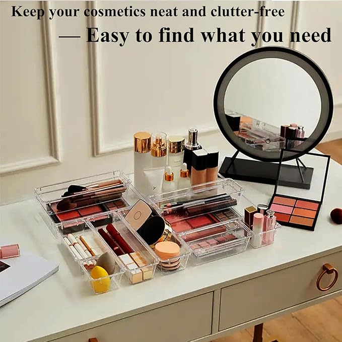 16 Pcs Extendable Clear Drawer Organizer, All Adjustable Vanity Storage Box, 2-Size Desk Drawer Organizer, Durable Storage Bins for Makeup, Cosmetic, Bedroom Dressers Tool Organizer for Gadgets