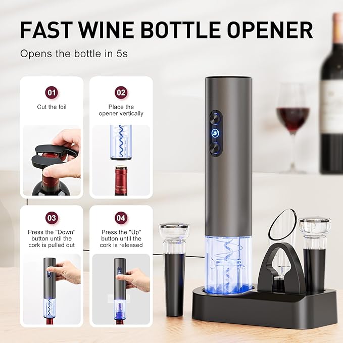 Electric Wine Opener, Rechargeable Cordless Wine Accessories, Stainless Steel Cordless Automatic Wine Bottle Corkscrew with Vacuum Stoppers, Foil Cutter for Home Party Wedding, Bars(Gray)