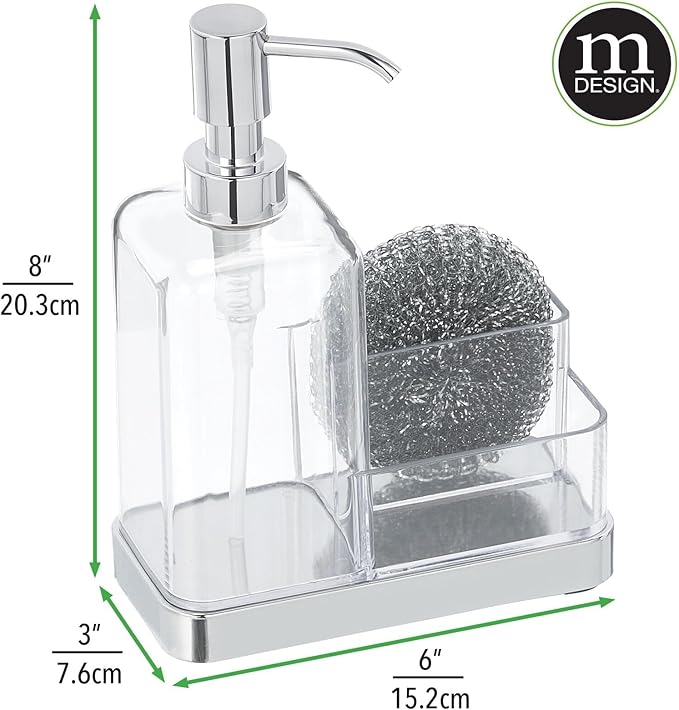 mDesign Plastic Kitchen Sink Countertop Hand Soap Dispenser Pump Bottle Caddy Organizer Holder with Storage for Bathroom - Holds Dish Sponge and Brushes - Omni Collection - Clear/Chrome