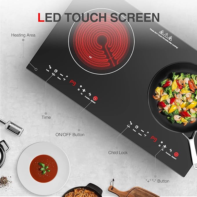 3000w Electric Cooktop, 24" Electric Stove 2 Burner Hot Plate Built-in Double Burner Cooktop with LED Touch Screen,9 Heating 9 Temperature,Kids Lock & Timer,Suitable for all Pans