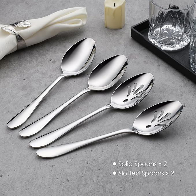 E-far Stainless Steel Serving Utensils, 4-Piece Serving Spoons Set Includes Slotted & Solid Spoons, Metal Hostess Tablespoons for Catering Buffet Party Kitchen Restaurant