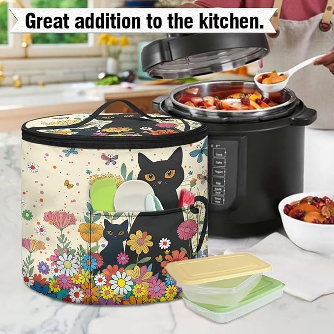Black Cat Electric Pressure Cooker Insulation Bag Hippie Flower Insulation Electric Cooker Storage Handbag for Housewarming