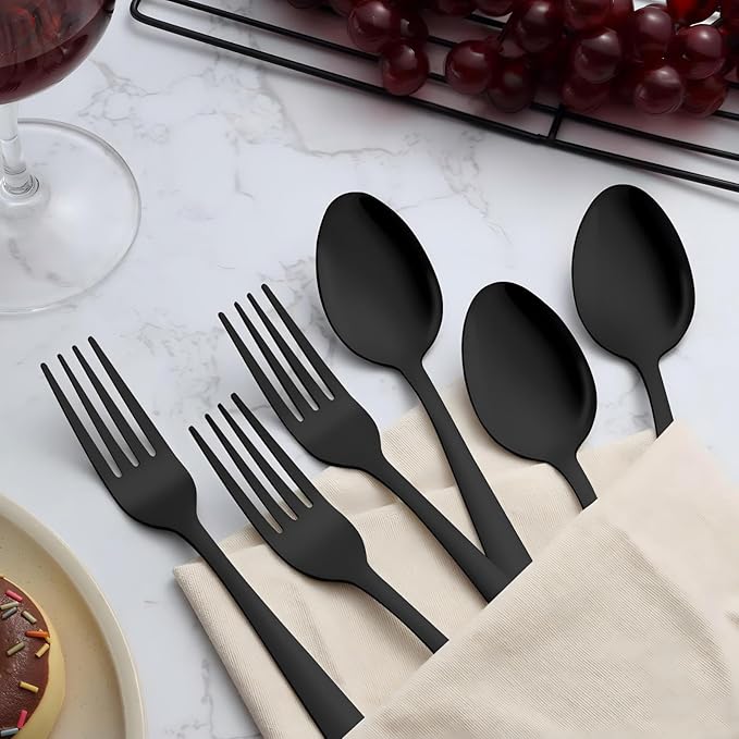Unokit 24-Piece Forks and Spoons Silverware Set - Forks and Spoons Food Grade Stainless Steel Silverware for Home, Kitchen and Restaurant, 12-Fork and 12-Spoon, Mirror Polished&Dishwasher Safe, Black