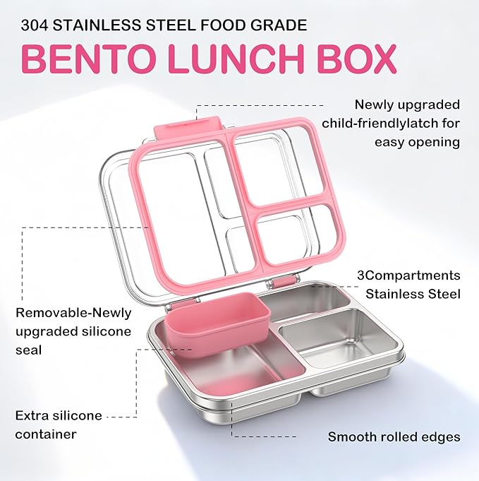 BABHAMNESS Stainless Steel Bento Lunch Box for Kids Adults, 3 Compartments Metal Bento Box with Transparent Lid & Silicone Container for Kids,Dishwasher-Safe,School & Travel,BPA-Free(Pink)