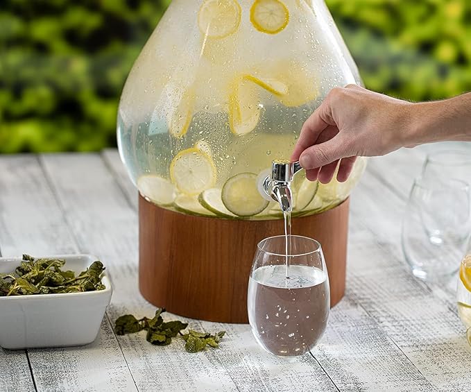 Classic Home Teardrop Clear Glass Ice Cold Beverage Drink Dispenser- 2.75 Gallon, With Cork Lid & Modern Wood Base Leak Proof Spigot- Wide Mouth Easy Filling For Outdoor, Parties & Daily Use