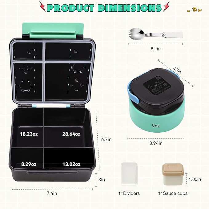 Game Bento Box for Kids, Lunch Box with Thermo(9oz Food Jar), Folding Spoon, Removable Divider & Sauce Cup, Lunch Box Kids for School,Travel, BPA-Free & Realistic Shape(Blue-Green)