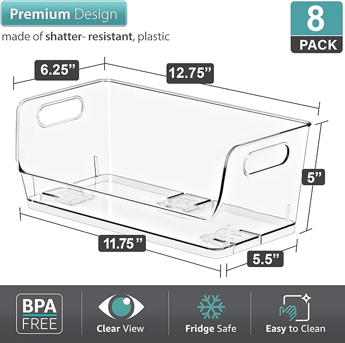 Sorbus Stackable Storage Bins Open Front, Clear Stackable Storage Bins, Pantry Bins for Storage and Organization, Acrylic Stackable Bins for Kitchen, Clear Pantry Organizer Bins (Small Wide 8 Pack)