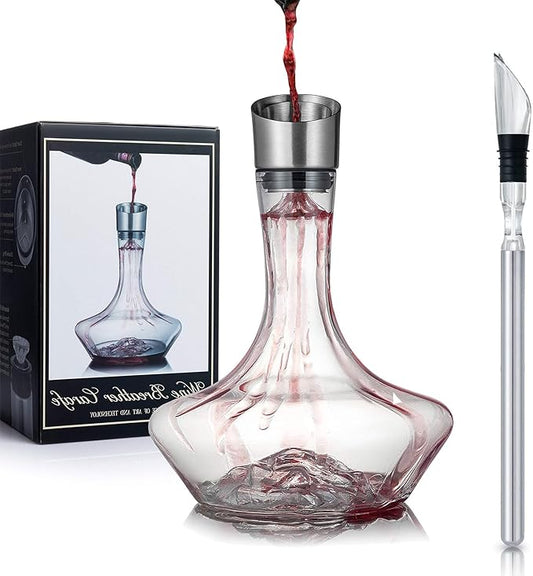 YouYah Iceberg Wine Decanter Set with Wine Chiller Stick 3-in-1 Stainless Steel Wine Bottle Cooler Stick, Red Wine Carafe with Aerator Filter,Drying Stand and Cleaning Beads, Wine Aerator, Wine Gift