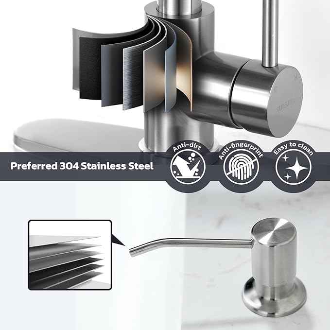 WEWE Kitchen Sink Faucet with Soap Dispenser, Kitchen Faucet with Pull Down Sprayer Stainless Steel Single Handle High Arc Pull Out Brushed Nickel Faucet for Bar Laundry RV Utility Sink