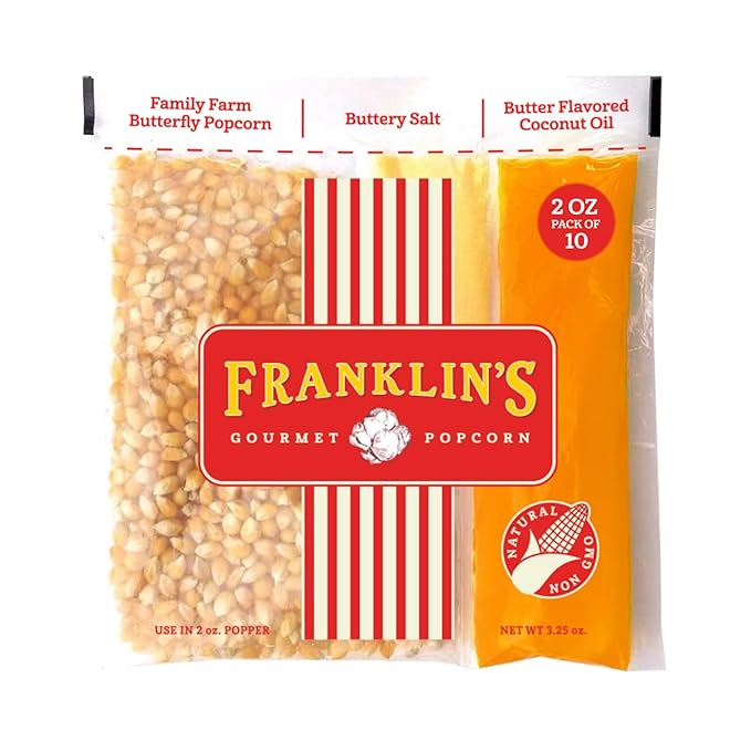 Franklin’s Gourmet Popcorn All-In-One Popcorn Packs for Popcorn Machine - 2oz Pack of 10 - Made in USA - Packs of Popcorn Bags with Buttery Salt & Oil