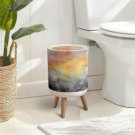 Trash Can with Lid Luxury abstract fluid art painting alcohol ink technique mixture black Press Top Round Small Garbage Bin with Wooden Legs Waste Basket for Kitchen Bedroom Nursery 7L/1.8 Gallon