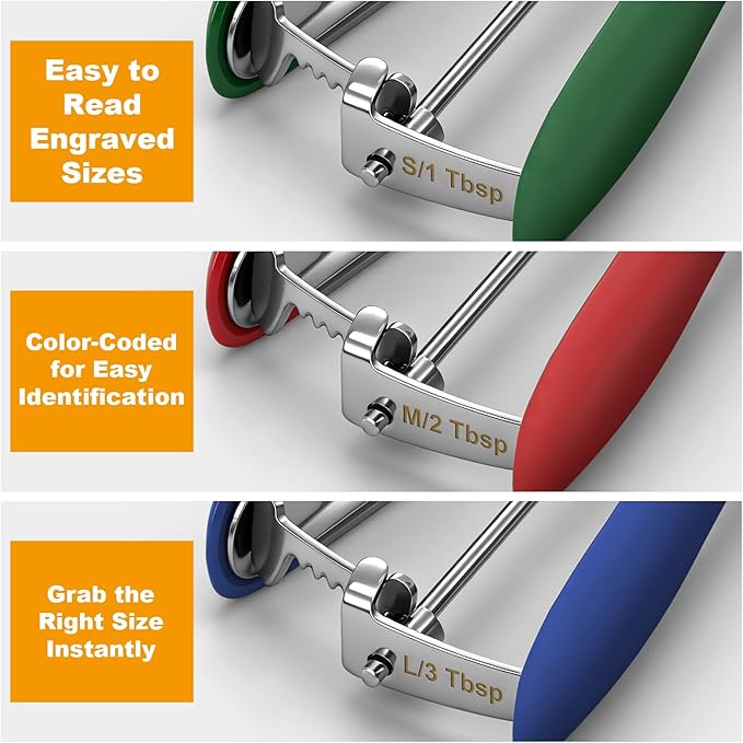 Cookie Scoop Set of 3,Color-Coded Cookie Scoops for Baking with Engraved Sizes,18/8 Stainless Steel Ice Cream Scoop with Non-Slip Soft Rubber Handles,Dough Scoopers for Cupcakes,Meatballs,Muffins