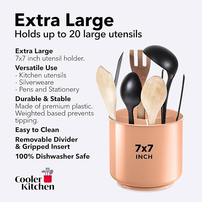 Cooler Kitchen Jumbo Rotating XL Peach Plastic Utensil Holder Caddy with Sturdy No-Tip Weighted Base, Removable Divider, and Gripped Insert - Dishwasher Safe Kitchen Utensil Holder for Countertop