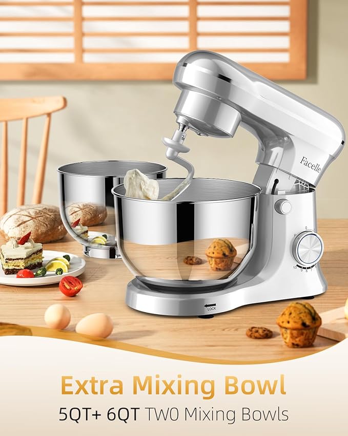 Facelle Tilt-Head Stand Mixer, 5QT+6QT Stainless Steel Two Bowls, 10 Speeds Kitchen Electric Food Mixer with Egg Whisk, Dough Hook, Beater, Dishwasher-Safe Attachment, Ideal Gift for Mom (Sliver)