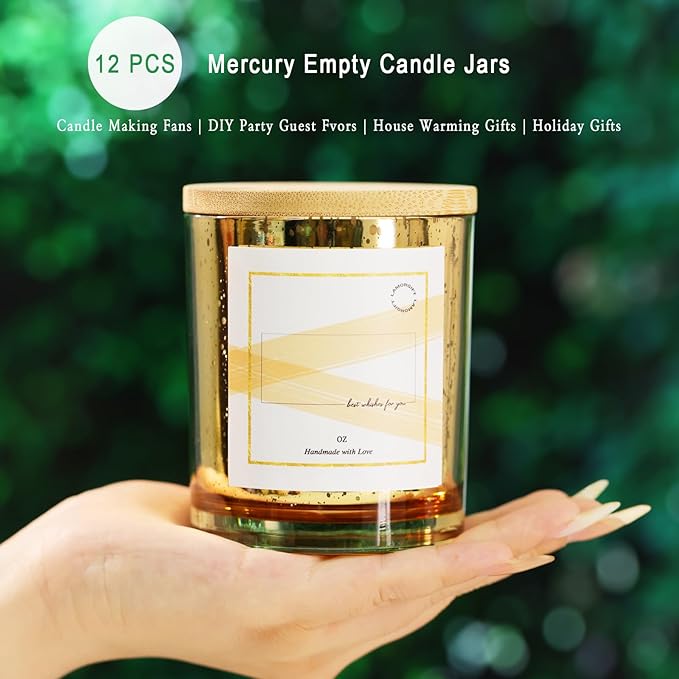 LAMORGIFT 12 Pack Gold Mercury Glass Candle Jars (10oz) with Lids - Candle Makes Accessory Set Including 15 Labels