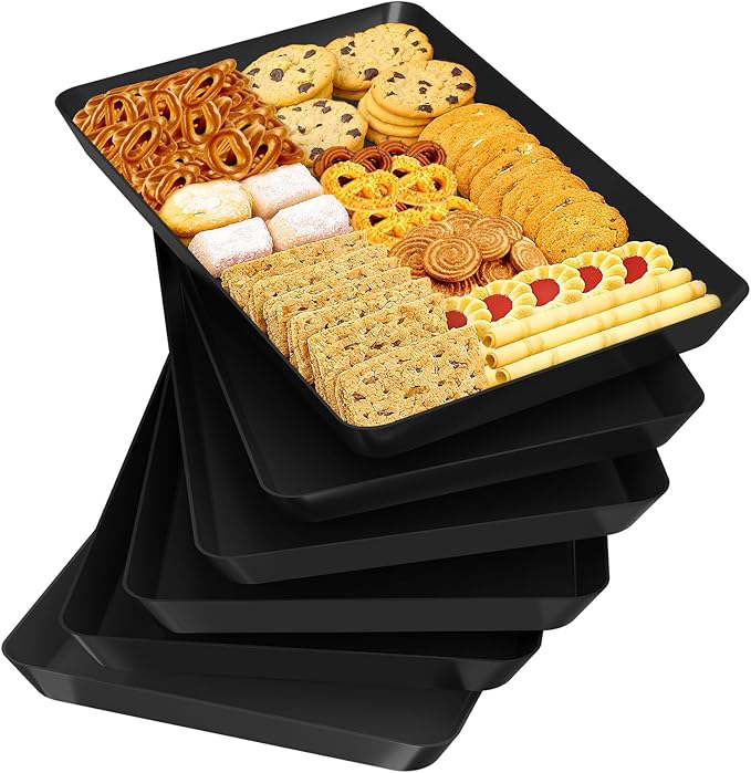 SpaceTrove 6-Pack Serving Tray Set, Reusable Plastic Serving Platter for Party Supplies, Entertaining, Grilling Accessories, Stackable Kitchen Snack Box Container for Dessert, Fruit, Cookie, (Black)