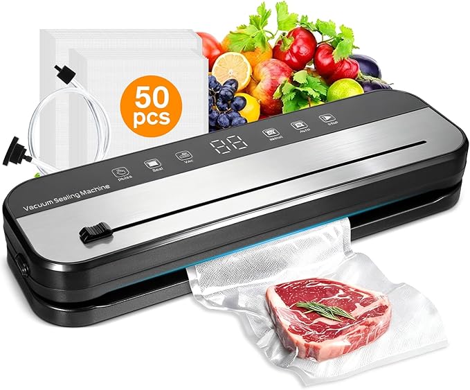 Powerful Vacuum Sealer Machine with 75kPa Suction, 10-in-1 Food Vacuum Sealer for Moist/Dry Food, Built-in Cutter & 50 Bags + Hose – Complete Food Saver for Long-Lasting Freshness