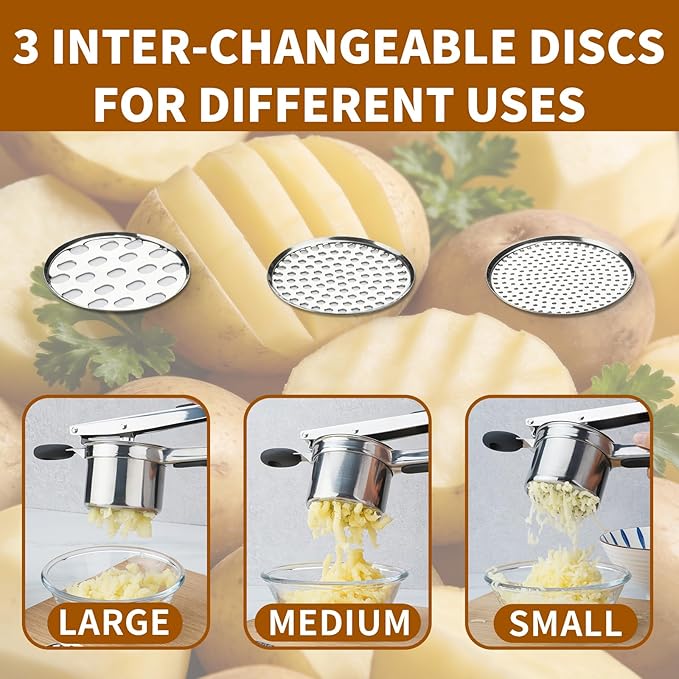 15oz Potato Ricer Heavy Duty Stainless Steel 3 Interchangeable Discs Potato Masher Spaetzle Maker with Silicone Handle, Ricer Kitchen Tool Perfect Ricer for Mashed Potatoes for Kitchen