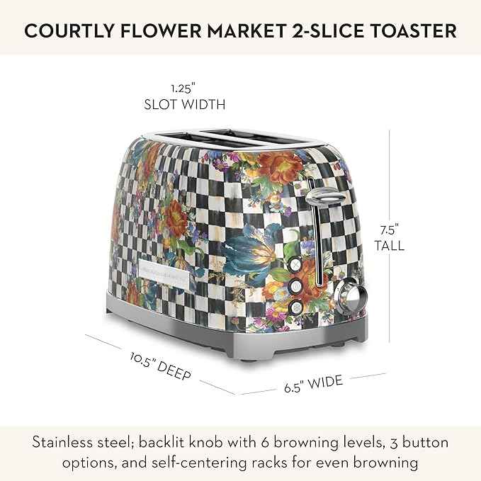 MACKENZIE-CHILDS 2-Slice Toaster, Decorative Toaster for Kitchen, Black-and-White Courtly Flower Market