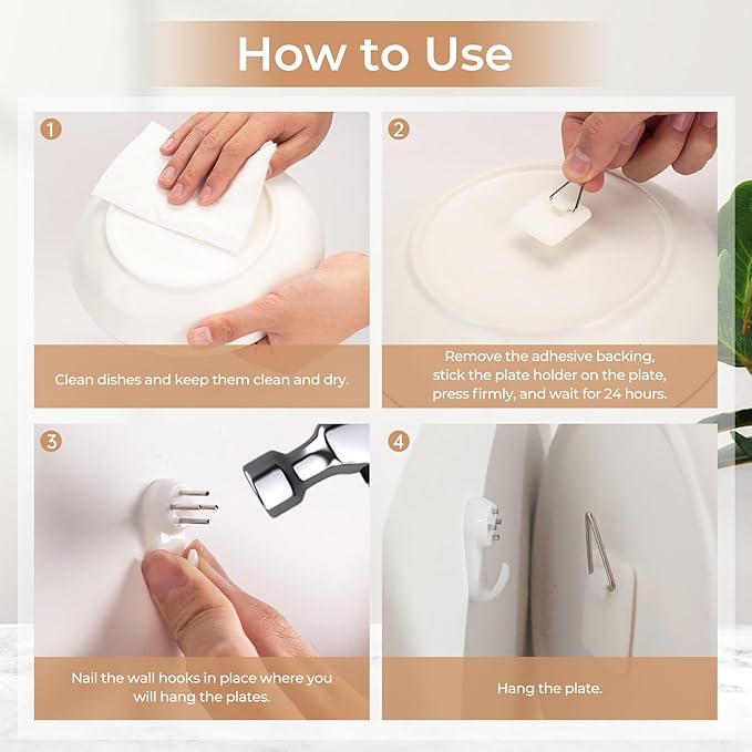 Bilillo 40PCS Adhesive Plate Hangers for the Wall, Invisible Heavy Duty Plate Holders with Wall Hooks & Storage Box, Strong Sticky Hangers for Plates, Frames & Wall Art