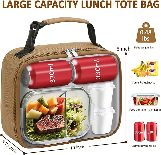 Lunch Box Kids Insulated Lunch Bag for Boys Girls Cute Reusable Lunch Tote Bag Waterproof Portable Thermal Lunch Box Kids for School Picnic Travel Khaki