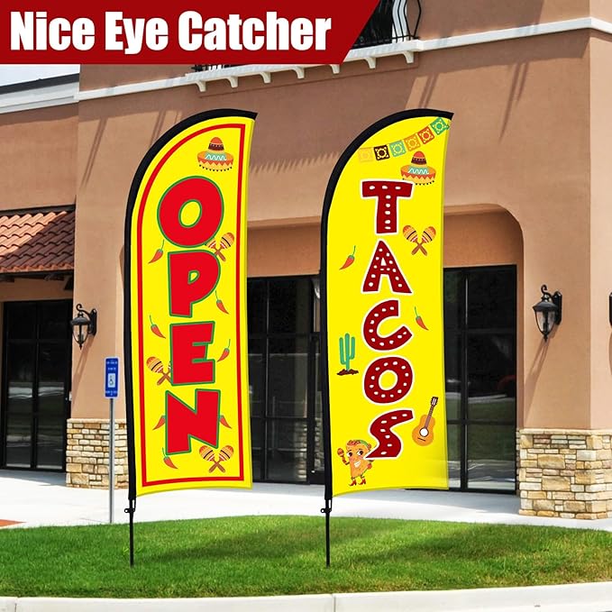 Buryeah Feather Banner Feather Flag Taco Sign Business Signs for Outside Open Flags for Businesses with Pole Ground Stake Portable for Mexican Restaurants, Diners, Markets(Yellow)