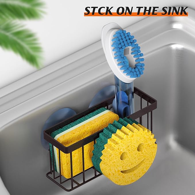 Sponge Holder Smiley Face,Sink Caddy for kitchen Sink, Kitchen Organizer Sponge Holder with 2 PCS Suction Cups/1 PCS Adhesive Strips,Designed for Sponge,Soap,Dish brush,Scrubber-Bronze