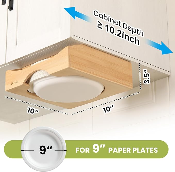 9-inch Paper Plate Dispenser Under Cabinet, Bamboo Paper Plate Holders, Kitchen Counter Vertical Plate Dispensers Holders Countertop Caddy(For 9-inch Plates, Bamboo)