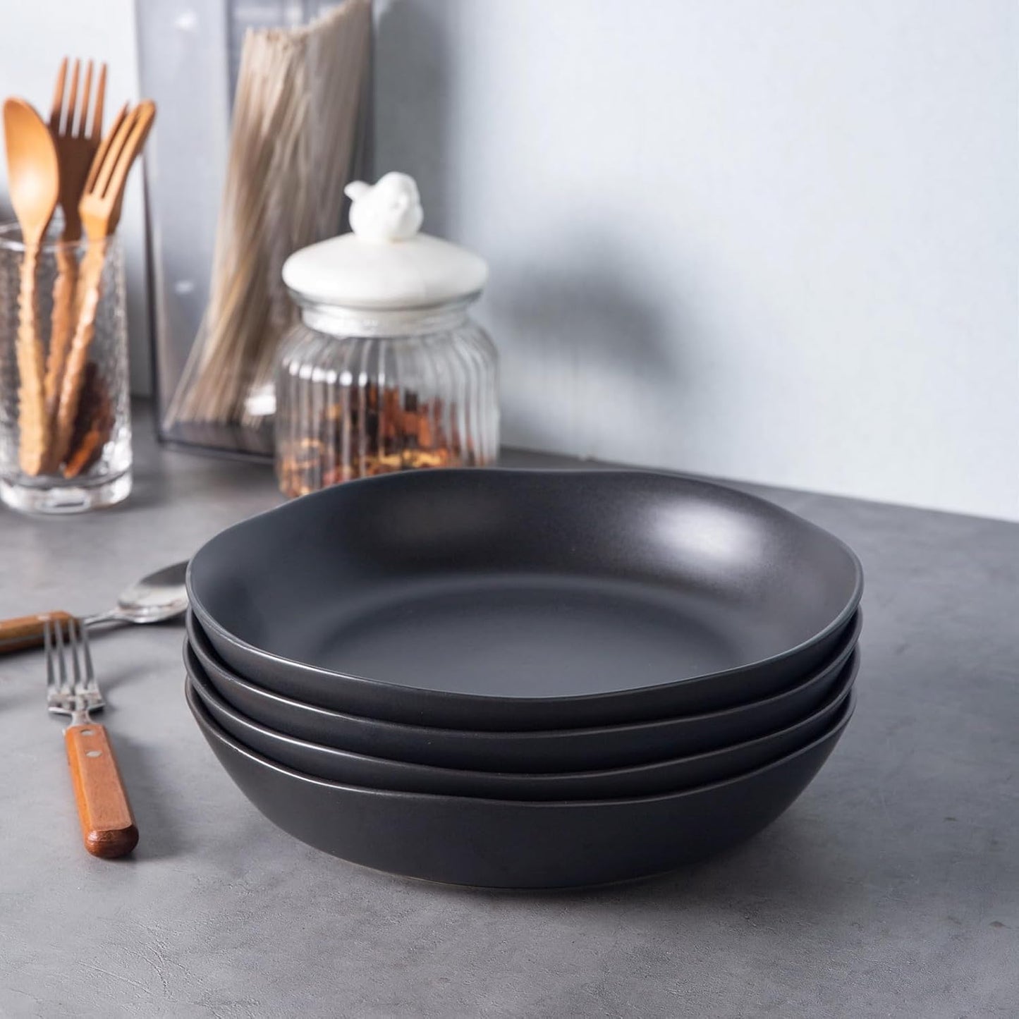AmorArc 9.75'' Ceramic Large Pasta Bowls, 38oz Stoneware Flat Serving Bowls Set of 4, Oven,Microwave&Dishwasher Safe Bowls with Wavy Rim for Fruit Pasta Salad Meal, Matte Black