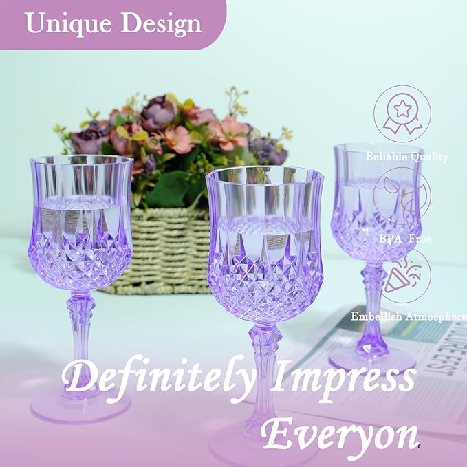 Plastic Wine Glasses, Plastic Goblets Vintage Style Cordial Unbreakable Drinking Glasses, Reusable Drinkware for Wedding Reception, Grand Event Party Supplies (12, Purple)