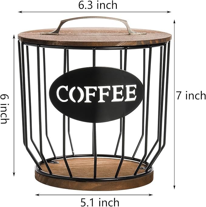yarlung Coffee Pod Holder with Lid, Large Capacity K Cup Holder with Rustic Wooden Base, Black Wire Coffee Storage Basket for Kitchen Countertop, Cafe Bar Organizer