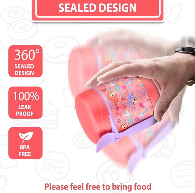 10oz Soup Thermo for Hot Food Kids,Lunch Thermo Kids Food Jar with Spoon Hot Insulated Food Containers,Leak Proof Stainless Steel Wide Mouth Lunch Thermo Jar for School(Pink-Mermaid)