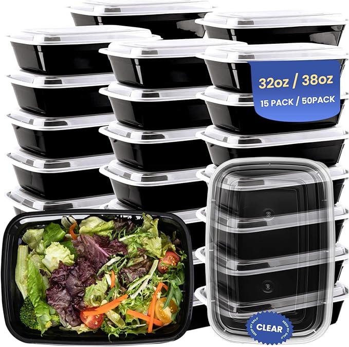 50 Pack 32 oz Meal Prep Containers Reusable BPA Free, Plastic Food Storage Containers with Lids, Leakproof Airtight To-Go Food Containers, Microwave & Freezer Safe