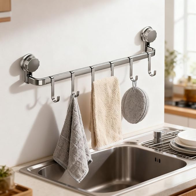 2026 Upgrad Wall Hooks Rack, Space Saving Utensil Holder for Kitchen Bathroom, No Drilling Wall Mounted Accessory Hanger, Kitchen Rail for Hanging Cooking Utensils Mugs Spoons (Grey_A)