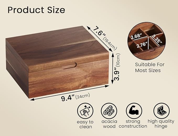 Acacia Wood Tea Bag Organizers, Tea and Sugar Packet Storage Chest with Lid, Wooden Teabag Holder Containers,Storage Box Teabox with 6 Compartments