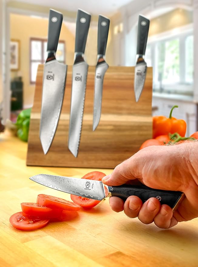 Mercer Culinary Premium Grade Super Steel 6-Piece Knife Set with Magnetic Acacia Stand, G10 Handles