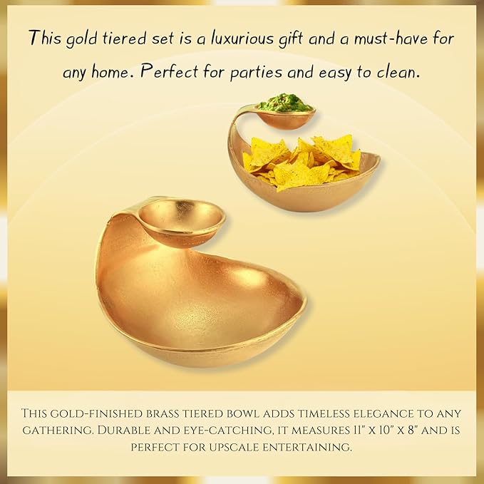 Brass Chip and Dip Serving Bowl Gold Brass Tiered Snack, Candy & Salad Bowl Decorative Centerpiece Serving Platter Nuts, Chip & Dip, Salsas, Tray, Serveware Home Decor Gift Entertaining Centerpiece