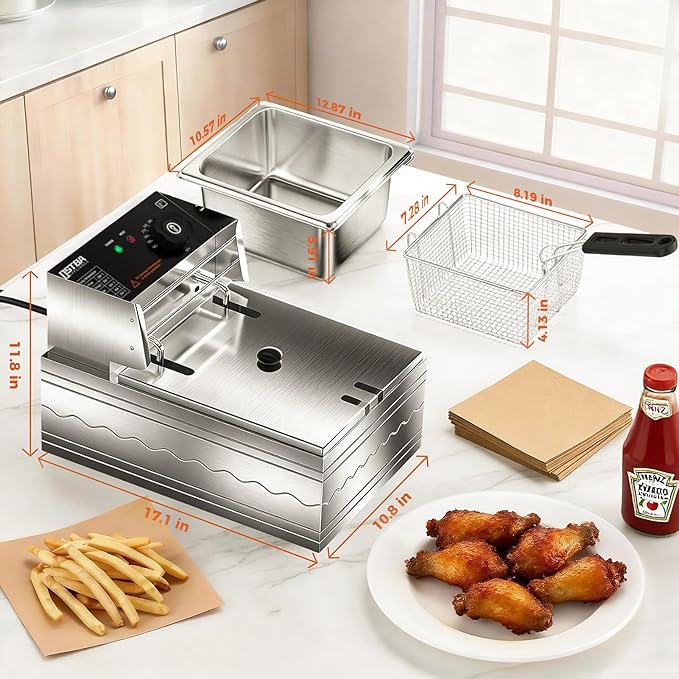 OSTBA Electric Deep Fryer with Basket, 10.36QT Countertop Fryer, 1600W Stainless Steel Commercial Deep Fryer with Adjustable Temperature 140–390℉, Removable Basket & Oil Tank