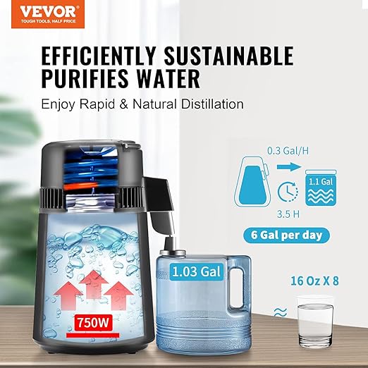 VEVOR Water Distiller, 4L/ 1.05 Gallon Pure Water Distilling for Home Countertop, 750W Distilled Water Maker, 304 Stainless Steel Interior Stiller Water Making Machine to Make Clean Water, Black