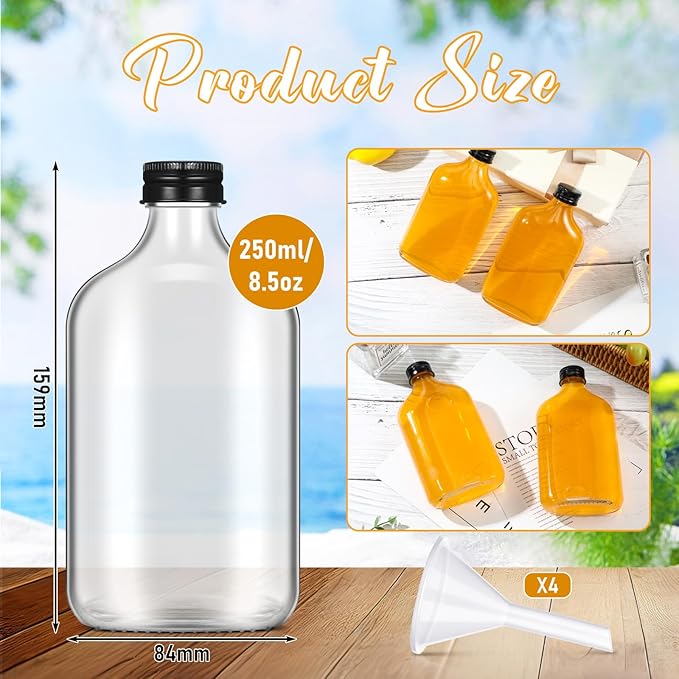 Gejoy 24 Pcs Mini Liquor Bottles Reusable Glass Flask Bottles with Black Caps Clear Empty Alcohol Shot Jars Small Champagne Jars with 4 Funnels for Wine Weddings Party Favors Christmas(8.5 oz)