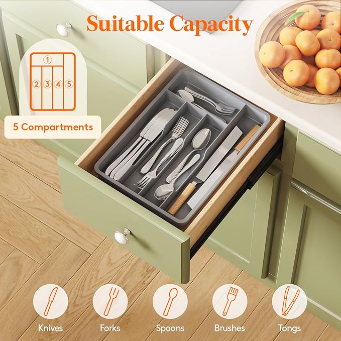 Lifewit Silverware Drawer Organizer Tray, Plastic Cutlery Storage for Kitchen, Flatware and Utensil Holder Divider for Spoons Forks Knives Tableware, 9.5 x 13.4", 5 Slots, Gray