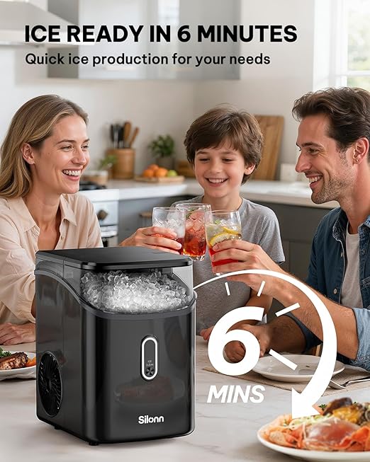 Silonn Nugget Ice Maker Countertop, Pebble Ice Makers with Crushed Soft Chewable Ice, 33lbs Per Day with Scoop, Pellet Portable Ice Machines with Auto-Cleaning for Home, Kitchen, Office, Black