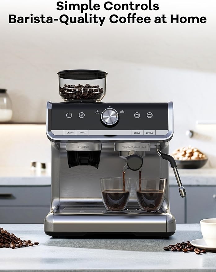 GarveeHome Espresso Machine With Grinder, 20 Bar Semi-Automatic Espresso Coffee Maker With Milk Frother Steamer Wand Cappuccino Latte Macchiato, 95 oz Water Tank, Pid Temperature Control-Light Gray