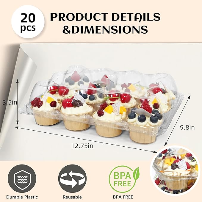 WIKDAY 12 Count x 20 Sets Plastic Cupcake Containers, Durable and BPA-Free Cupcake Holder with Lid for Easy Transport Storage, Stackable Clear Cupcake Carriers, Reusable Dessert Boxes