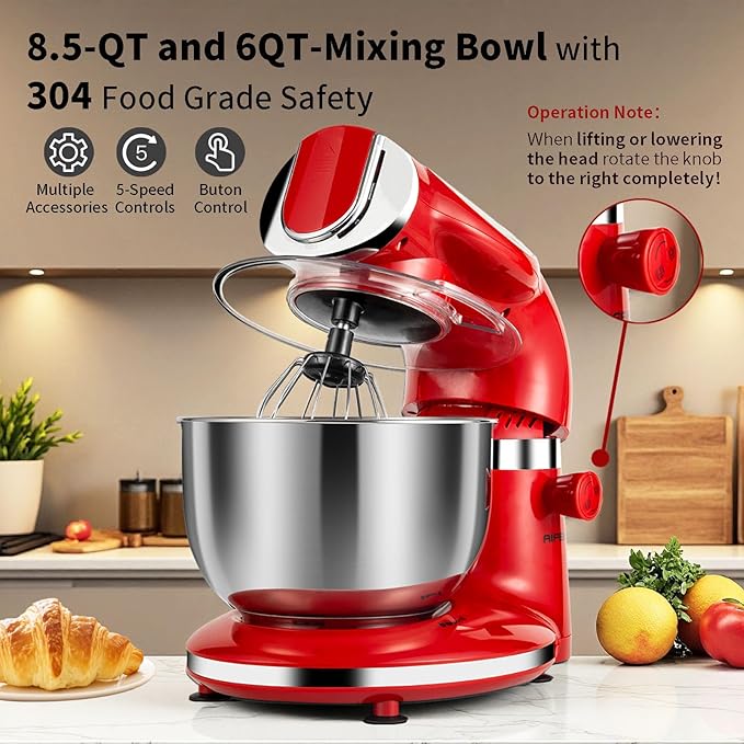 Aifeel Stand Mixer, 8.5QT+ 6QT Two Stainless Steel Bowls Electric Food Mixer, 7 in 1 Multifunctional Kitchen Mixer with Dough Hook, Whisk, Beater, Meat Grinder,Pasta & Cookie Maker-Red